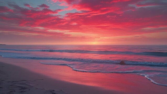 Beautiful pink sunset beach ocean waves wallpaper background scenic landscape
