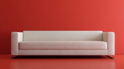 A 4K photo of minimalist sofa with clean lines and neutral color upholstery background is bold red.