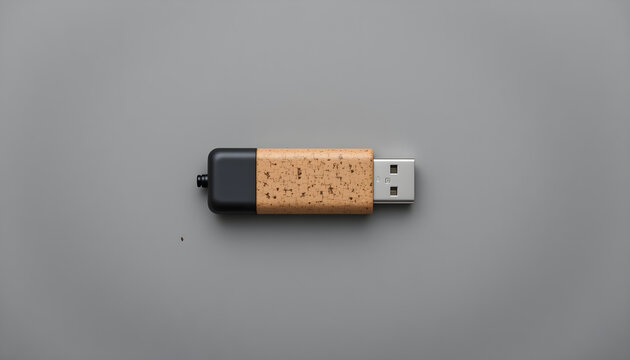 Wooden USB Drive with Cork and Black Accents on Grey Background