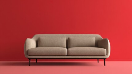 A 4K photo of minimalist sofa with clean lines and neutral color upholstery background is bold red.