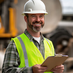 young indian civil engineer wearing safety hardhat and holding document