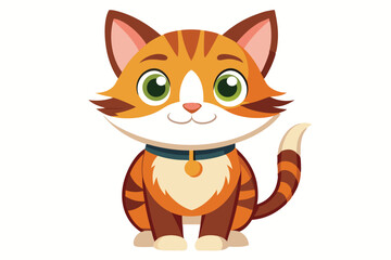 Cartoon Cat with Orange Stripes and a Collar Sitting Down, Cute Feline with Green Eyes and Friendly Smile