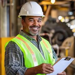 young indian civil engineer wearing safety hardhat and holding document