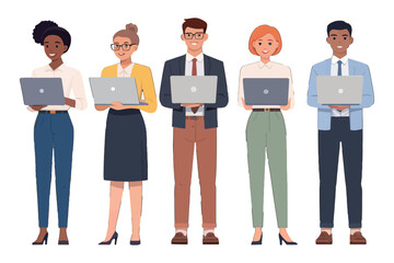 Fototapeta premium Digital Collective: A diverse group of professionals, each poised with a laptop, representing the modern connected workplace, full of technological prowess and collaborative spirit.