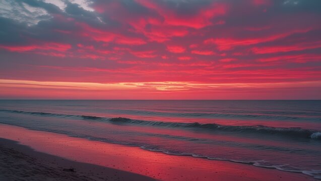 Beautiful red sunset beach scene stock photo for travel and summer vacation vibes
