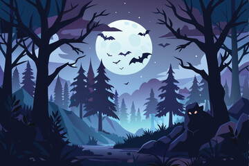 A vibrant illustration of a spooky forest at night, featuring dark silhouettes of trees, a full moon, and bats against a deep purple and blue color palette.