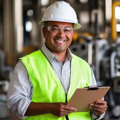 young indian civil engineer wearing safety hardhat and holding document