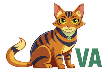 Whimsical Striped Cat Cartoon Illustration with Green Accents Sitting Beside the Letters 