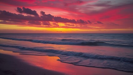 Fototapeta premium Beautiful ocean beach sunset scenery with pink clouds and golden hour sunlight glow