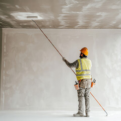 young indian worker doing painting on the white wall with a roller