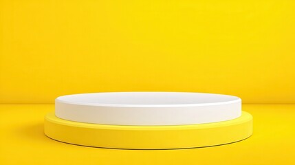 A 4K photo of white podium shelf or empty pedestal display on vivid yellow summer background with minimal style. Blank stand for showing product. 3D rendering.