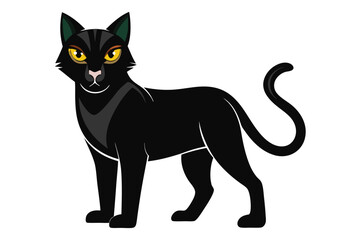 Sleek Black Cat Illustration with Golden Eyes and a Curled Tail Standing on a White Background with a Focused Gaze