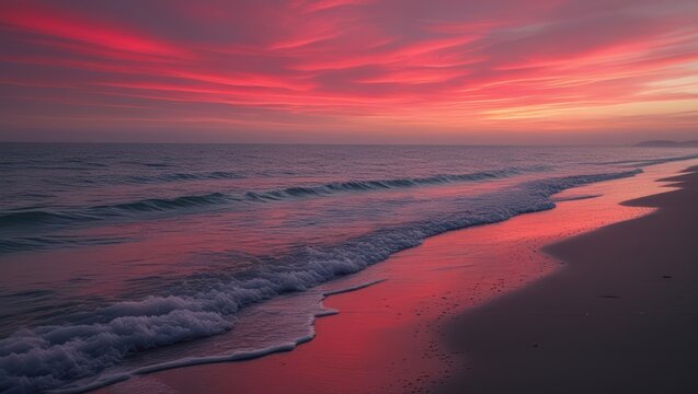 Beautiful beach sunset ocean waves pink sky landscape nature photography scenery view