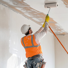 young indian worker doing painting on the white wall with a roller