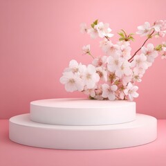 A 4K photo of white product display podium with blossom flowers on pink background. 3D rendering.