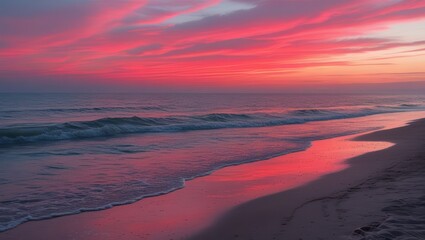 Beautiful pink beach sunset ocean waves scenic landscape nature photography travel