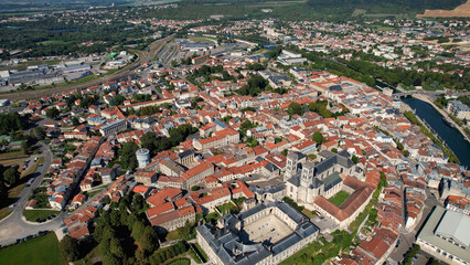 An Aerial panorama view with pan of the old town around the city Verdun in France on a sunny spring...