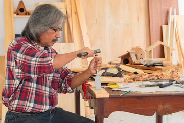 Lifestyle aging people with hobby after retirement concept, cheerful Asia elderly man uses a chisel...