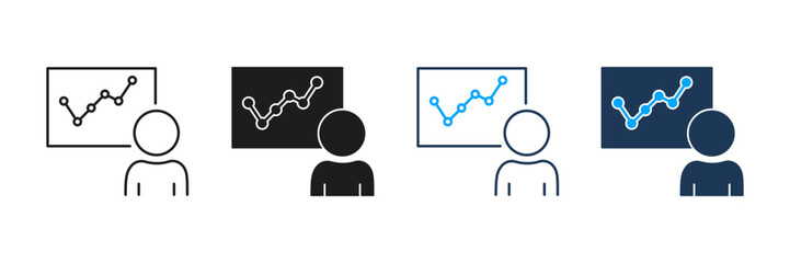 Person Presenting Data Chart Line And Solid Icon Set. Business Presentation, Data Analysis, And Performance Review Symbol Collection. Professional Communication. Isolated Vector Illustration