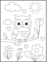 Obraz premium Cute Owl Coloring Page for Kids – Cartoon Owl Sitting on a Tree Branch. adorable coloring page for children. 