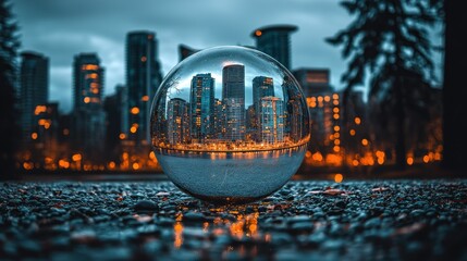 Cityscape inverted within glass orb, blurred background