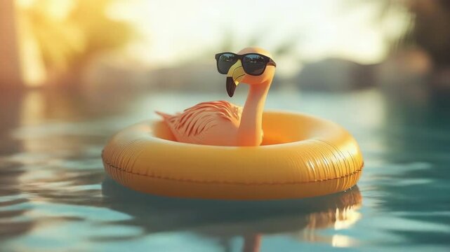 Inflatable flamingo wearing sunglasses floating in sunlit pool
