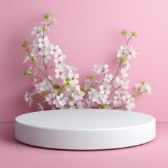 A 4K photo of white product display podium with blossom flowers on pink background. 3D rendering.