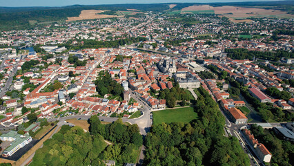 An Aerial panorama view with pan of the old town around the city Verdun in France on a sunny spring...