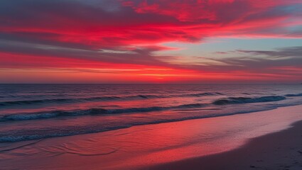 Beautiful red sunset ocean beach scene landscape nature photography for background