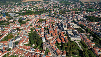 An Aerial panorama view with pan of the old town around the city Verdun in France on a sunny spring noon