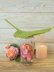 Spa still life with pink fresh roses flowers, candle and rose petal water, on wooden background....