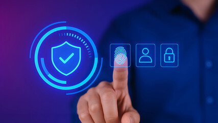 Futuristic Hologram Interface with Cybersecurity Biometrics on Digital Gradient Background