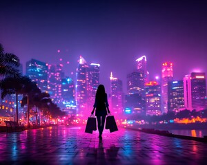 Silhouette of woman walking with shopping bags at night in a city