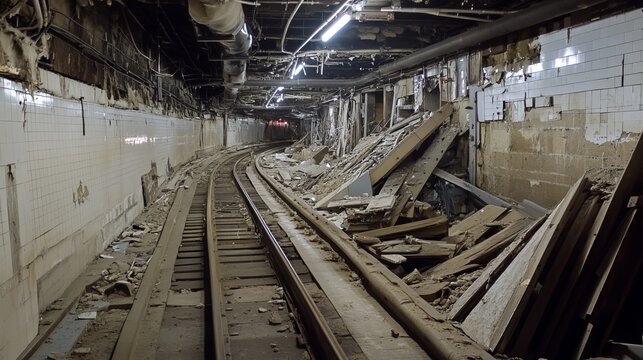 Derelict subway tunnel; decaying infrastructure, rubble, exposed tracks, and dim lighting depict a scene of urban decay and neglect