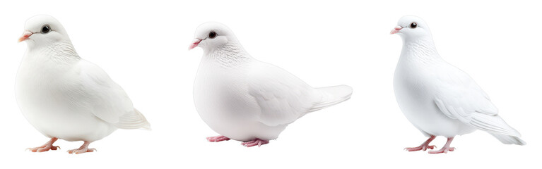 Three elegant white doves in various poses
