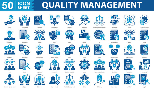 Quality Management Icon Set Collection concept with icon of Service, Achievement, Complaint, Competence, Iteration, Efficiency, Continuous Improvement, Assistance, Focus, Quality Assurance, Knowledge