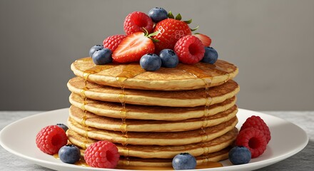 Stack of fresh fruit topped pancakes