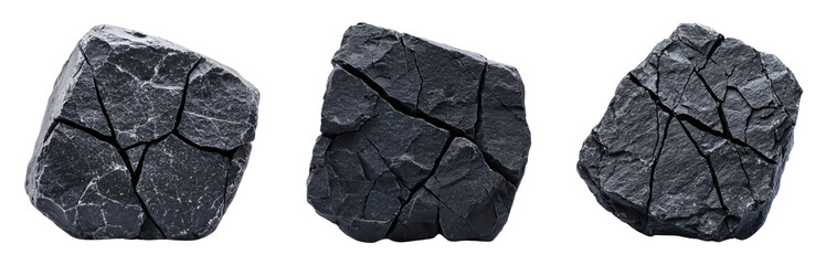 Collection of textured black rocks with cracked surfaces