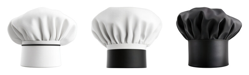 Stylish chef hats in white, black, and classic design