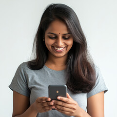 young indian woman smiling and using smartphone
