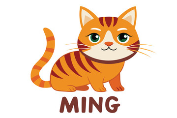 Adorable Cartoon Cat Illustration Featuring a Cute Orange Tabby Kitten with Green Eyes and the Name Ming Displayed Below