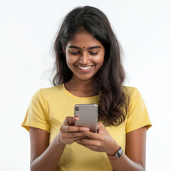 young indian woman smiling and using smartphone