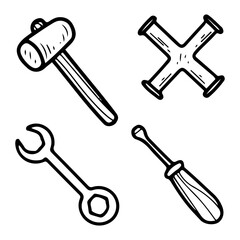 Handyman tool. Hand drawn doodle vector. Hammer, screwdriver, cross wrench. Workshop equipment for unscrewing nuts, tightening screws, hammering nails. Illustration line art element.