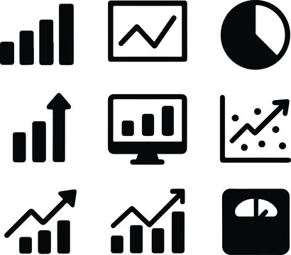 Black Vector Silhouettes of Data Analytics Icons &ndash; Adjustable Line Weight Infographic and Dashboard Symbol Set on White Background