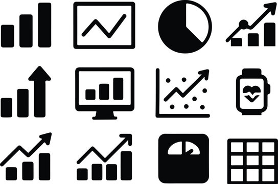 Black Vector Silhouettes of Data Analytics Icons &ndash; Adjustable Line Weight Infographic and Dashboard Symbol Set on White Background