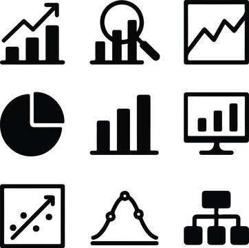 Black Vector Silhouettes of Data Analytics Icons &ndash; Adjustable Line Weight Infographic and Dashboard Symbol Set on White Background