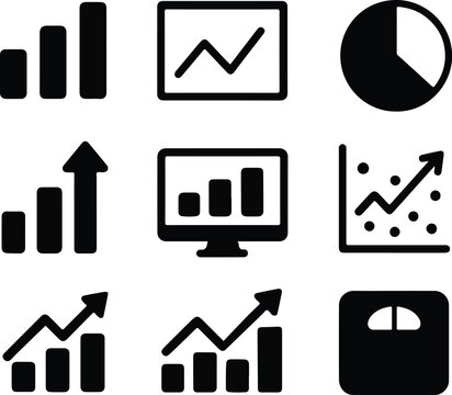 Black Vector Silhouettes of Data Analytics Icons &ndash; Adjustable Line Weight Infographic and Dashboard Symbol Set on White Background