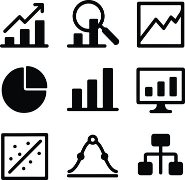 Black Vector Silhouettes of Data Analytics Icons &ndash; Adjustable Line Weight Infographic and Dashboard Symbol Set on White Background