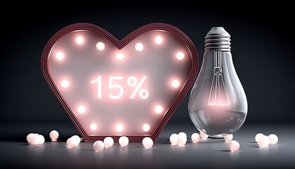 Heart-shaped sign with 15% off, next to a light bulb
