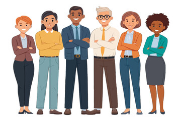 Obraz premium Diverse Team Standing Strong: A group of colleagues, a harmonious representation of a work environment, stand together with arms crossed. Reflecting a team of diverse individuals.